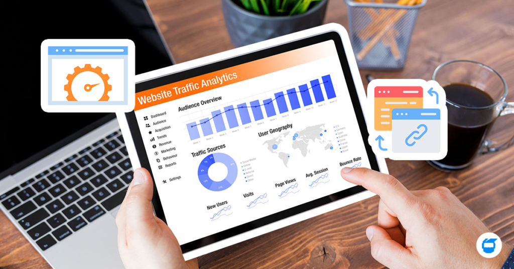 Content editing and optimization workspace with laptop, writing tools, SEO notes, analytics, and content strategy elements.