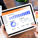 Content editing and optimization workspace with laptop, writing tools, SEO notes, analytics, and content strategy elements.